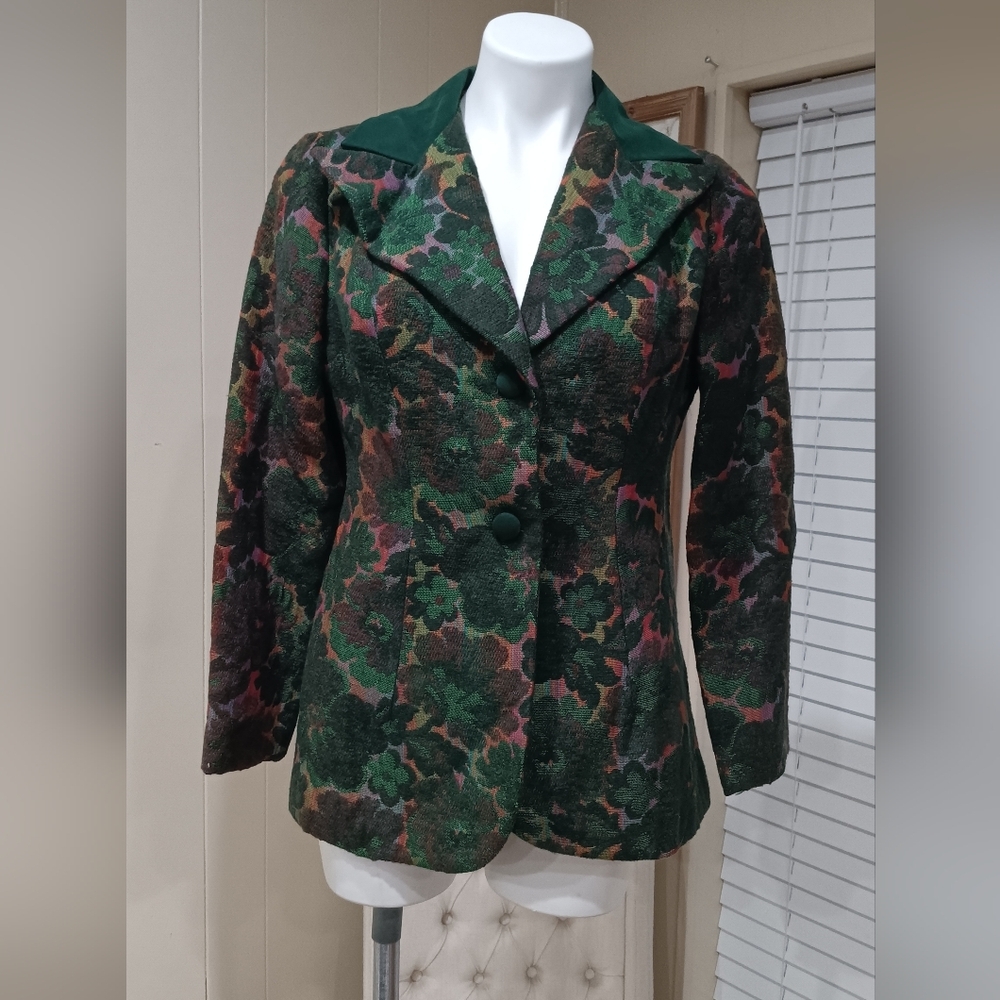 Sophisticated Vintage Floral Women's Blazer By SABA Rare Find Jewel Tones 💚 - Picture 4 of 14